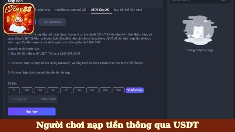 Người chơi nạp tiền thông qua USDT